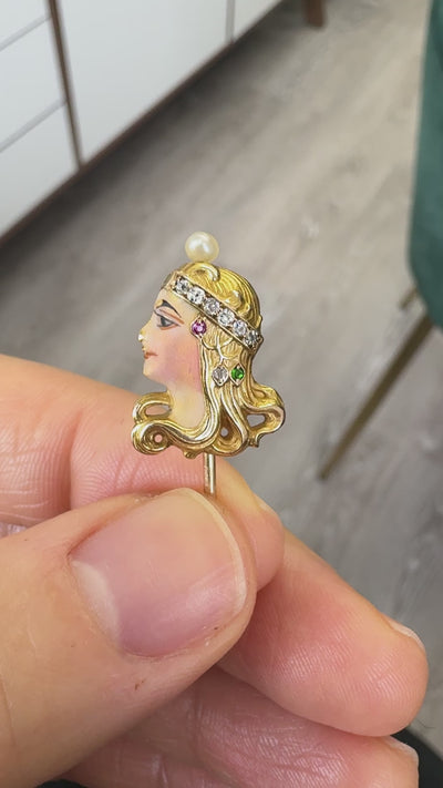 Antique Art Nouveau 14K Yellow Gold Enamel Diamond Lady Stick Pin