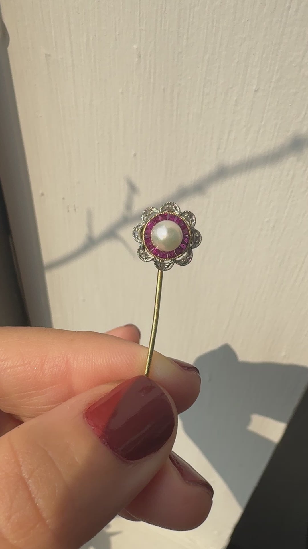 Antique Art Deco 18K Gold Platinum Ruby Diamond and Pearl Target Stick Pin