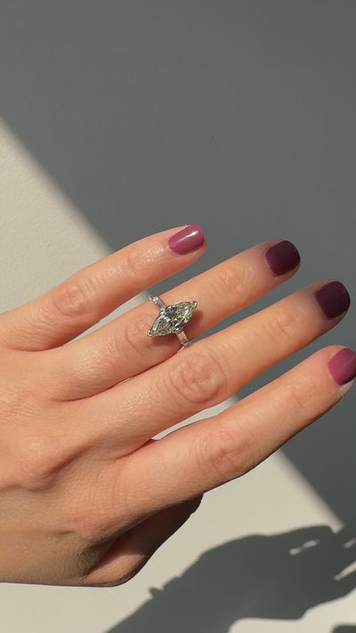 Retro Estate Platinum Old Cut Marquise Diamond Scalloped Engagement Ring - GIA