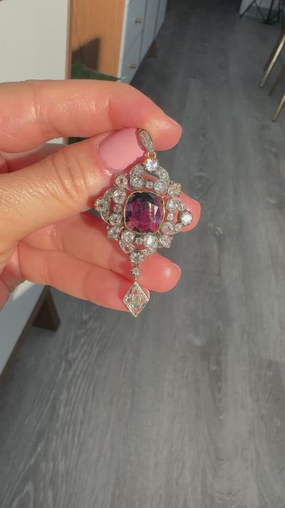 Antique Victorian 18K Yellow Gold and Silver Old Mine Diamond Amethyst Pendant
