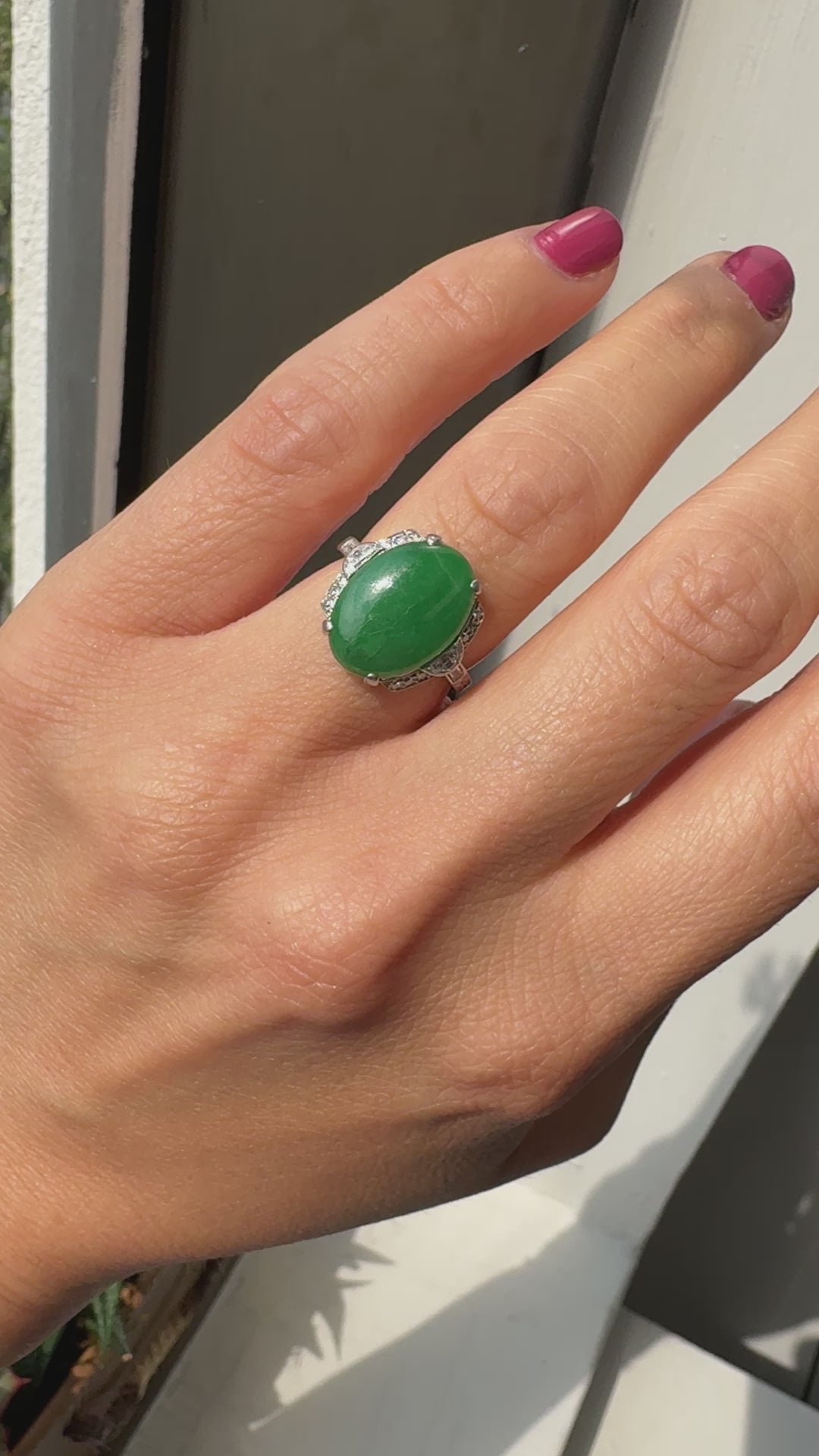 Antique Art Deco Platinum Natural Fei Cui Jade and Diamond Cocktail Ring - GIA