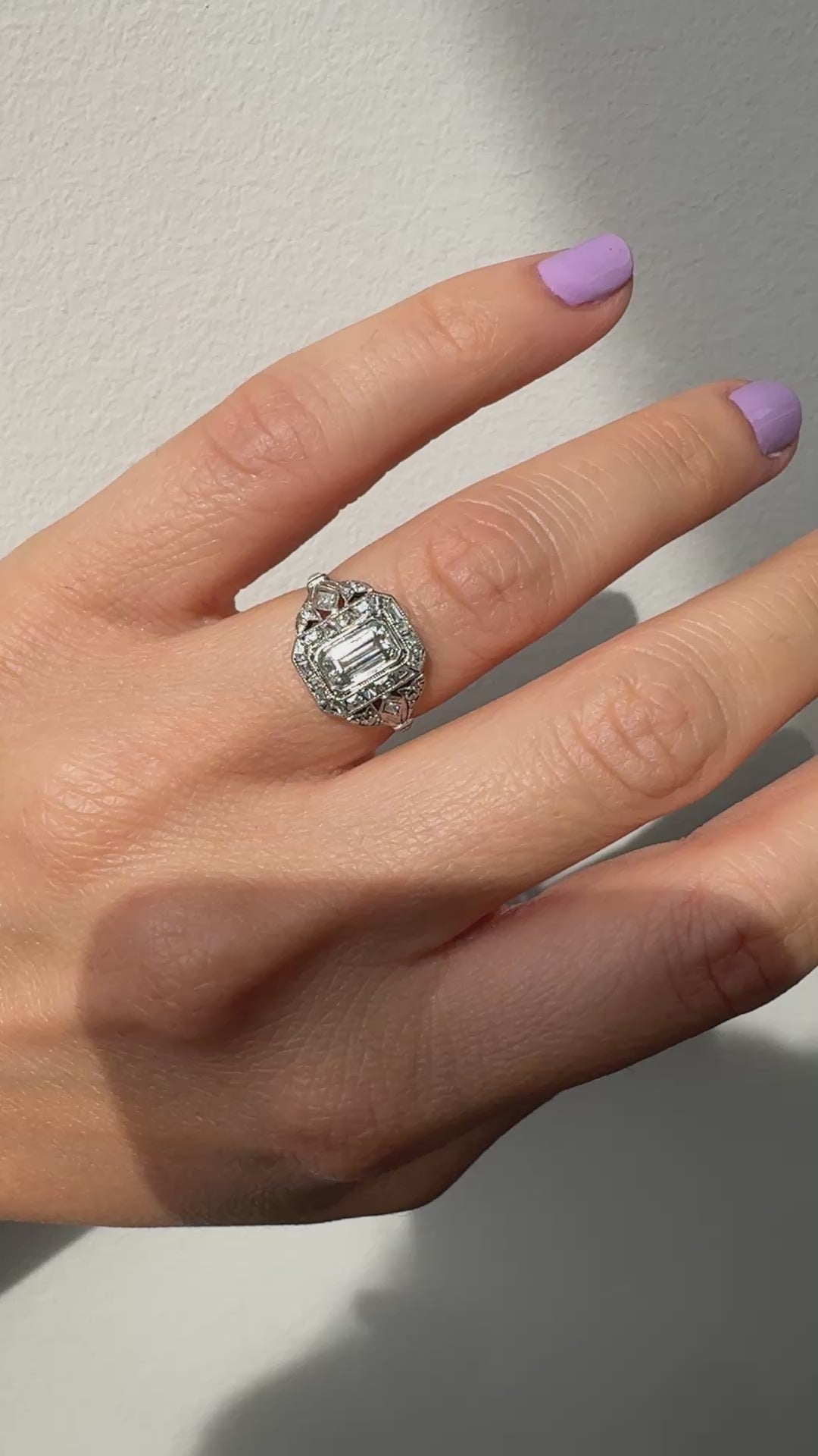 Antique Art Deco Platinum Emerald French Cut Diamond Halo Engagement Ring - GIA