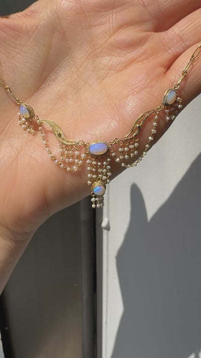 Antique Arts & Crafts 14K Yellow Gold Opal and Seed Pearl Drop Necklace
