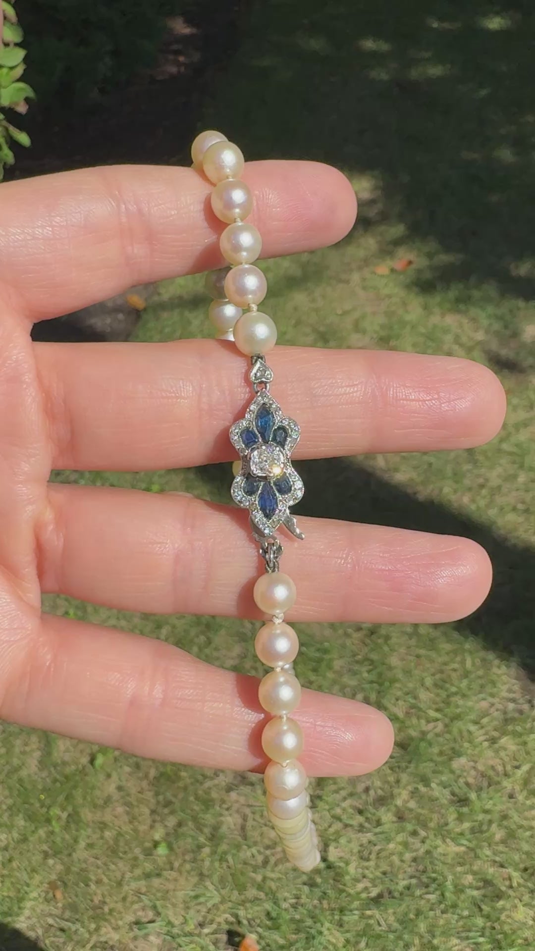 Antique Art Deco Platinum 18K Gold Old Mine Diamond Sapphire Pearl Necklace