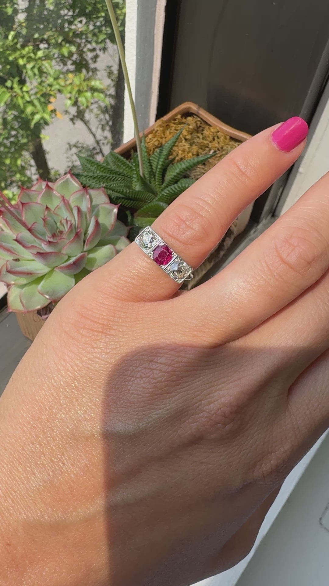 Antique Edwardian Platinum Old Mine Ruby and Diamond Three Stone Ring