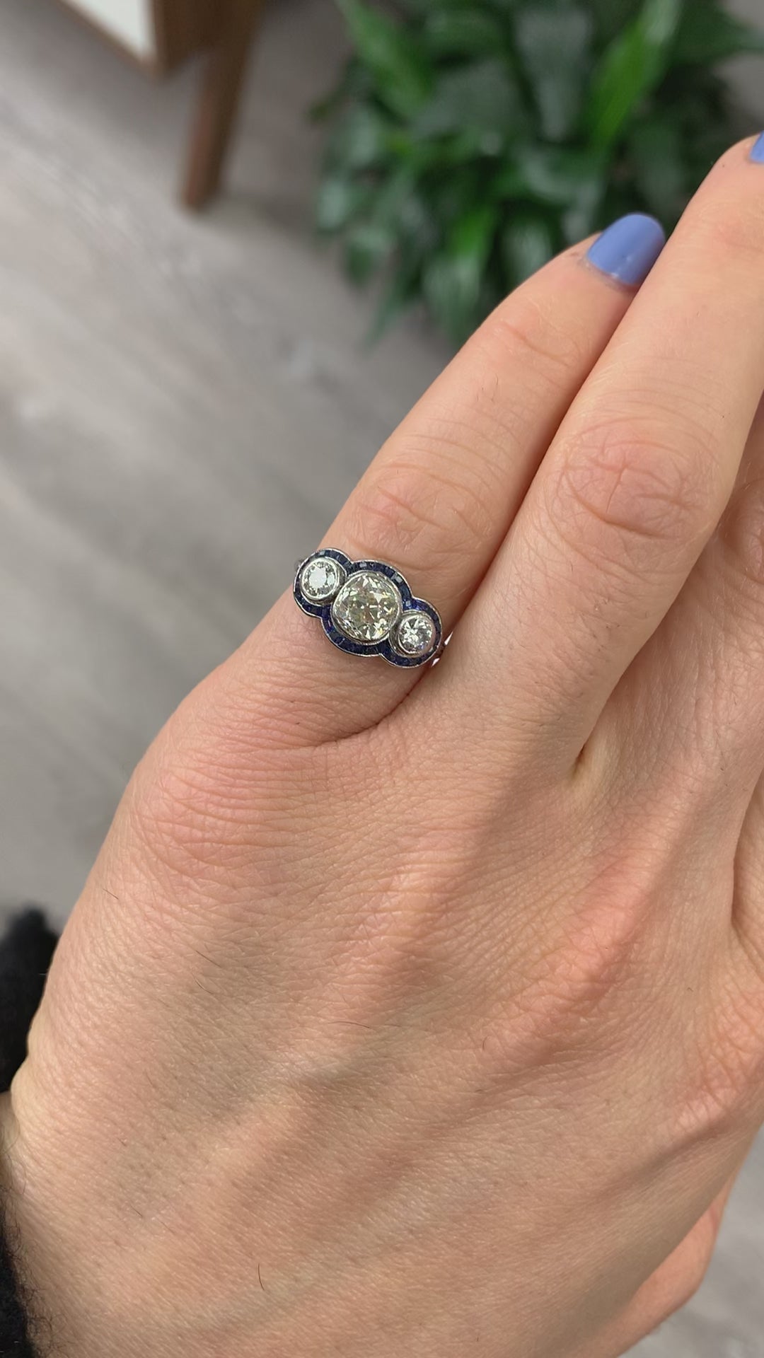 Lab Sapphire Three Stone Diamond Cluster ring - 14K Yellow Gold |JewelsForMe