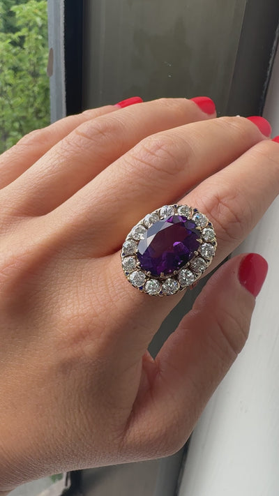 Vintage Estate Victorian Revival 14K Gold Old Euro Diamond and Amethyst Ring