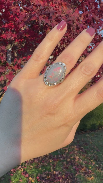 Antique Edwardian 14K White Gold Platinum Top Black Opal Old Euro Diamond Ring