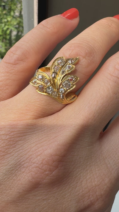 Antique Victorian 22K Yellow Gold Old Mine Floral Leaf Ring