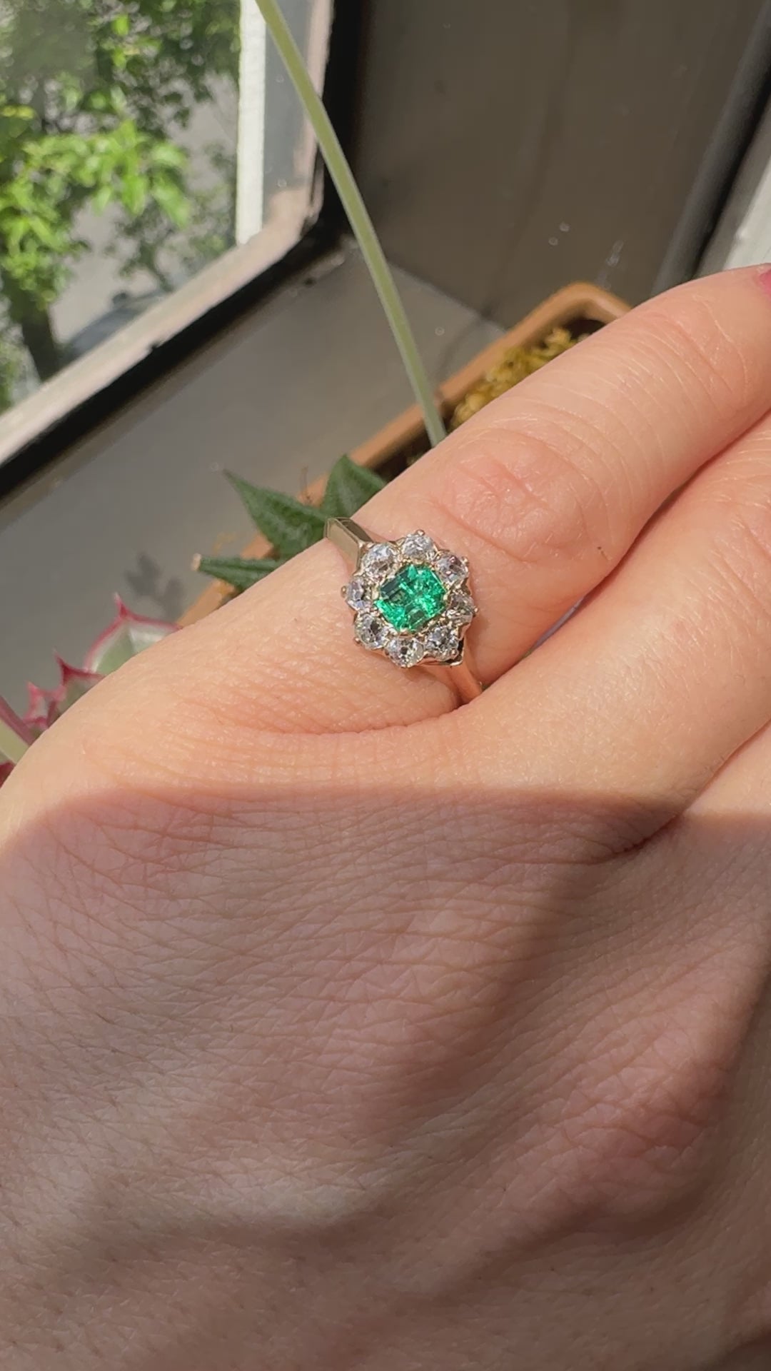 Antique Victorian 12K Rose Gold Old Mine Diamond Emerald Engagement Ring