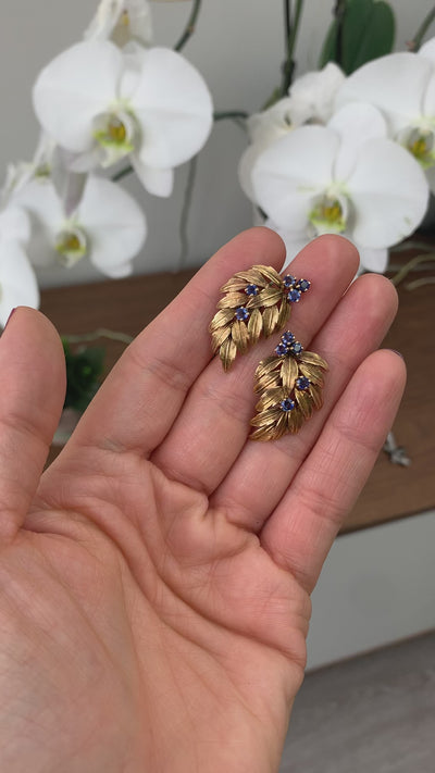 Vintage Estate Dankner 14K Yellow Gold Sapphire Leaf Earrings