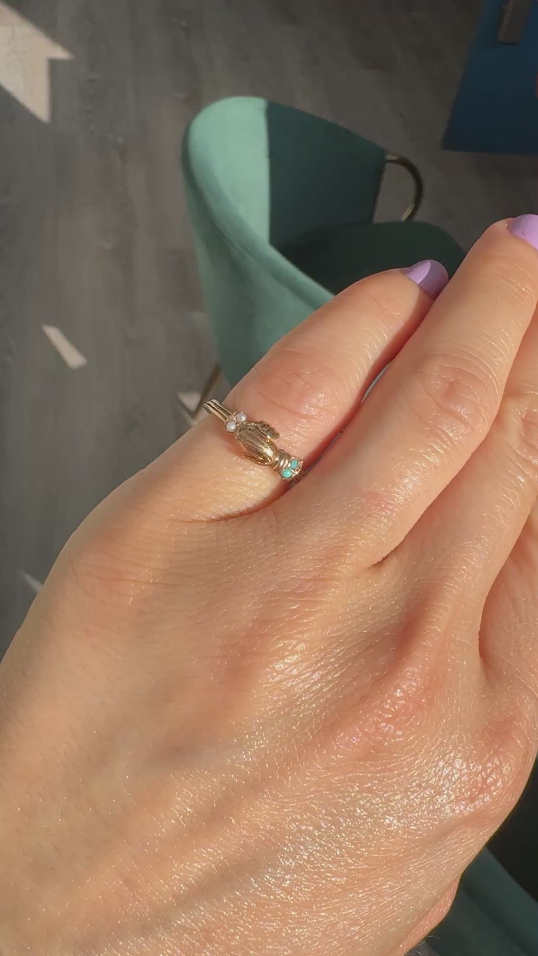 Antique Art Deco 14K Rose Gold Turquoise and Pearl Fede Heart in Hand Ring
