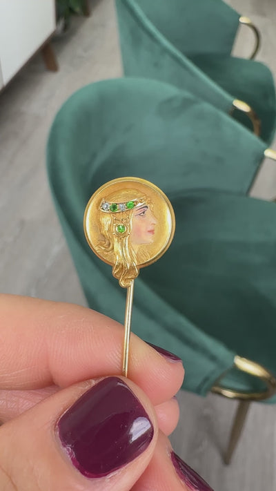 Antique Art Nouveau 14K Yellow Gold Diamond Demantoid Enamel Lady Stick Pin