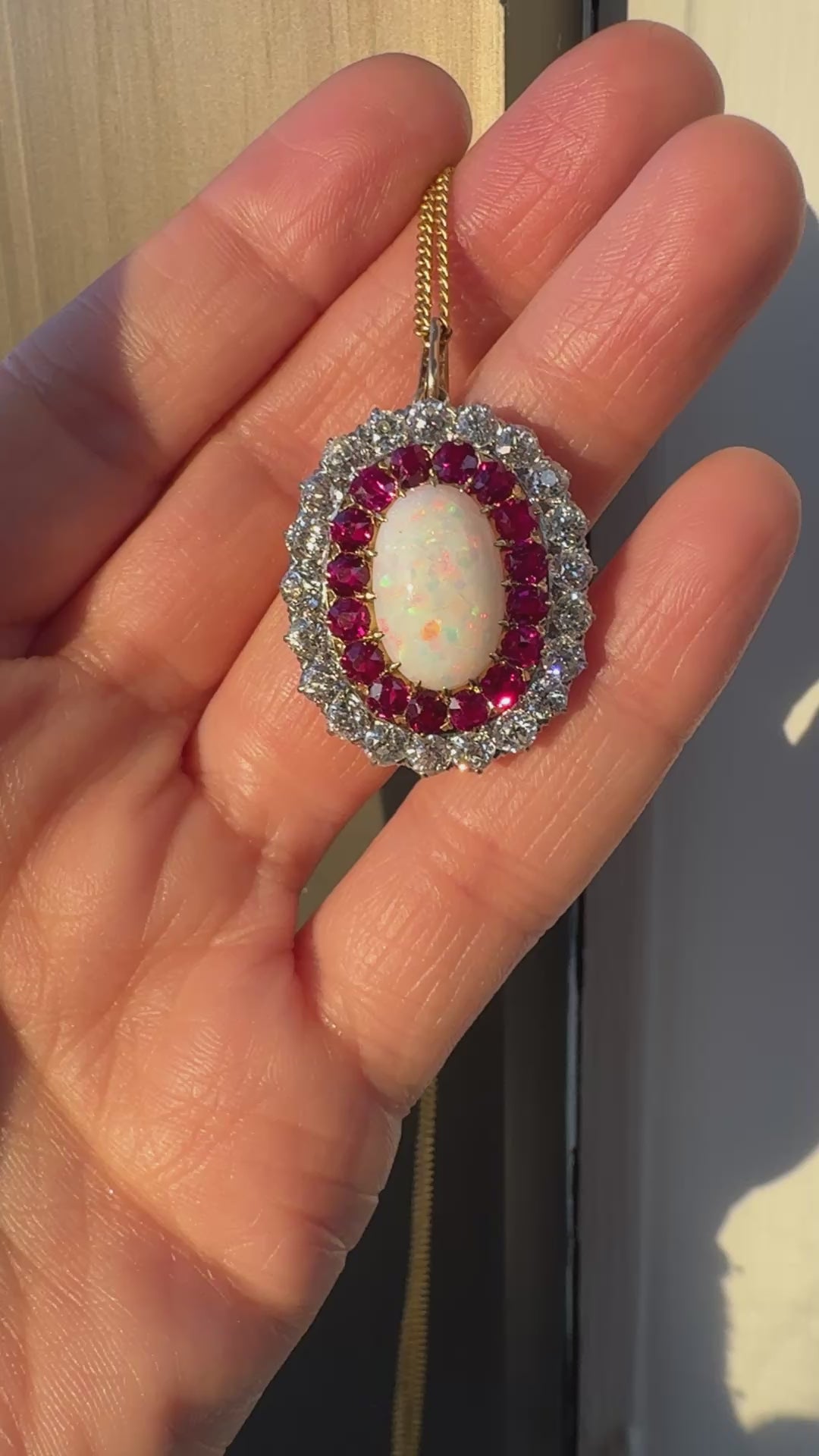 Antique Edwardian Kirkpatrick Co 18K Gold Platinum Opal Diamond Ruby Pin Pendant