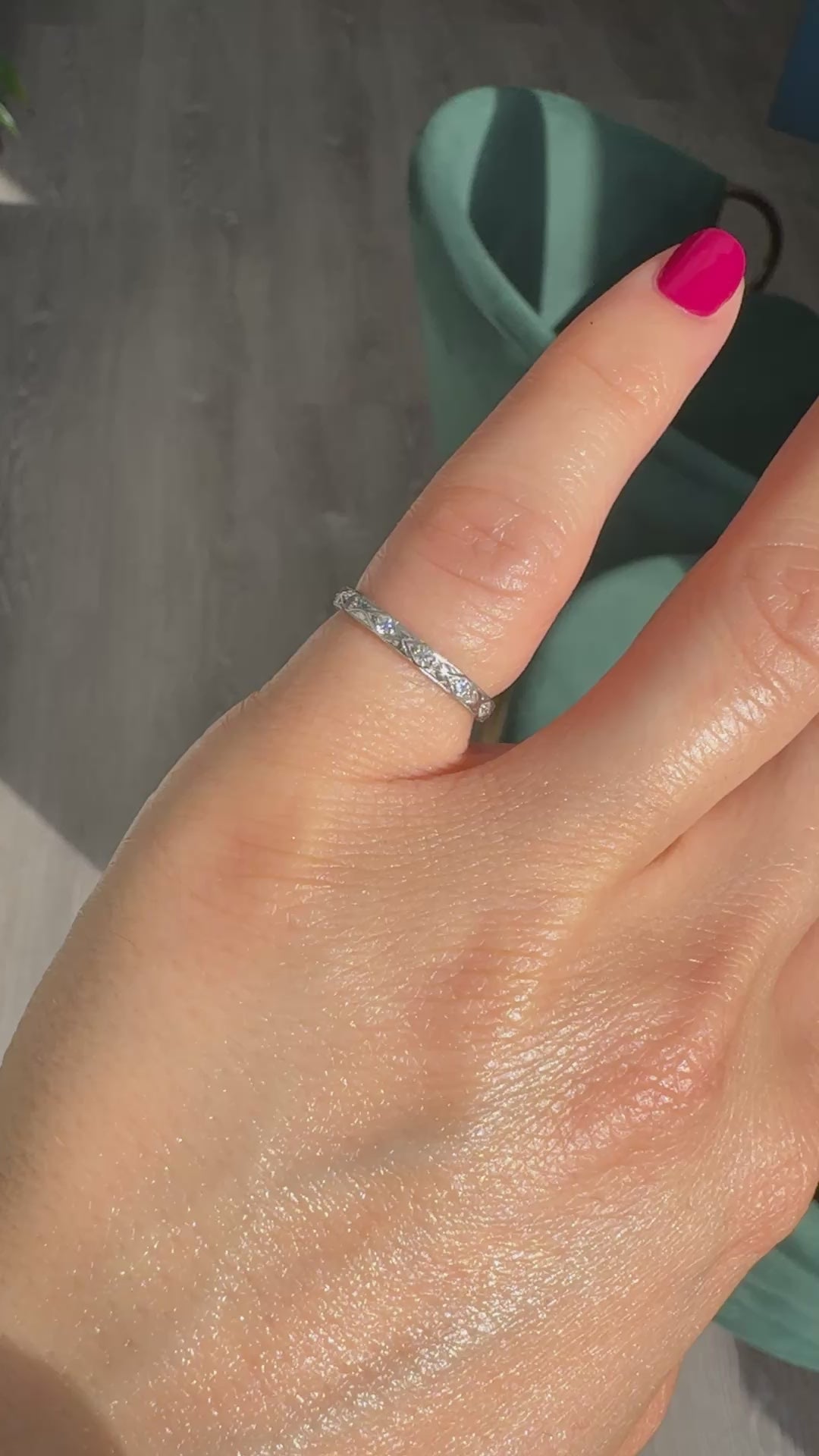 Antique Art Deco Platinum Single Cut Diamond Engraved Eternity Band - Size 6