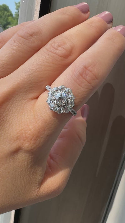 Antique Art Deco Platinum Old Mine Diamond Cluster Halo Engagement Ring