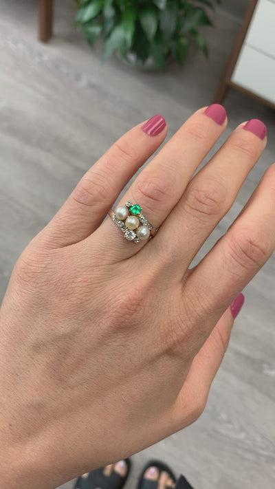 Antique Victorian 14K Rose Gold Silver Old Mine Pearl Emerald Cocktail Ring