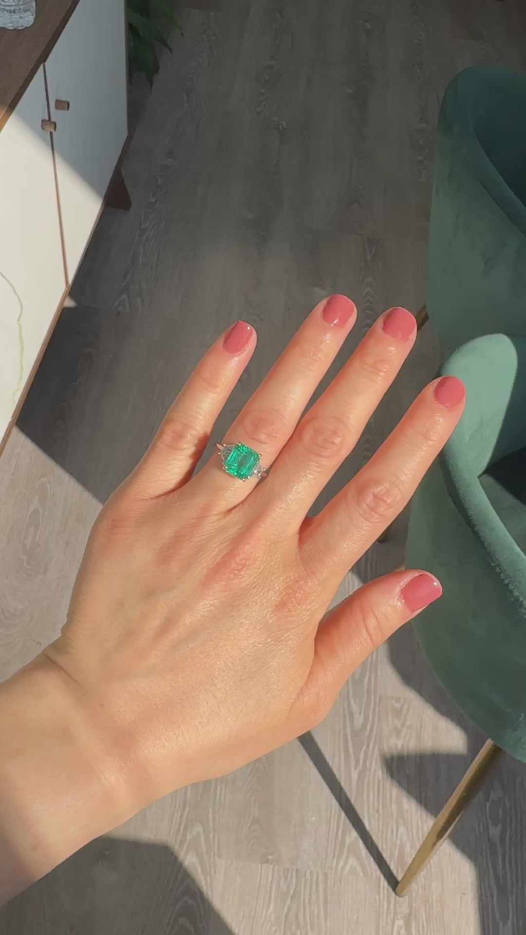 Estate Contemporary Platinum Colombian Emerald Diamond Three Stone Ring - GIA