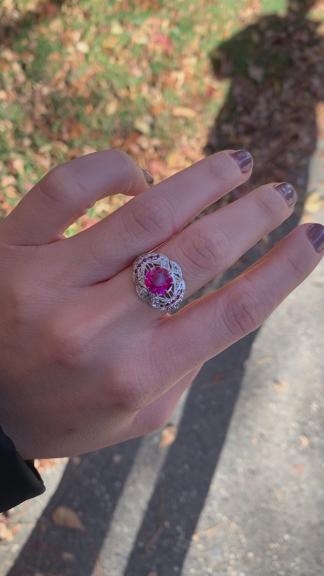 Antique Art Deco Platinum Burma Pink Sapphire and Diamond Filigree Engagement Ring - GIA