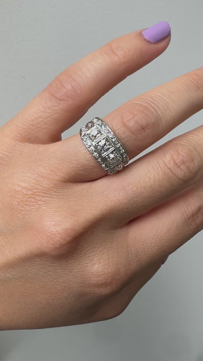 Antique Art Deco Platinum Old Mine Diamond Three Stone Ribbon Motif Ring