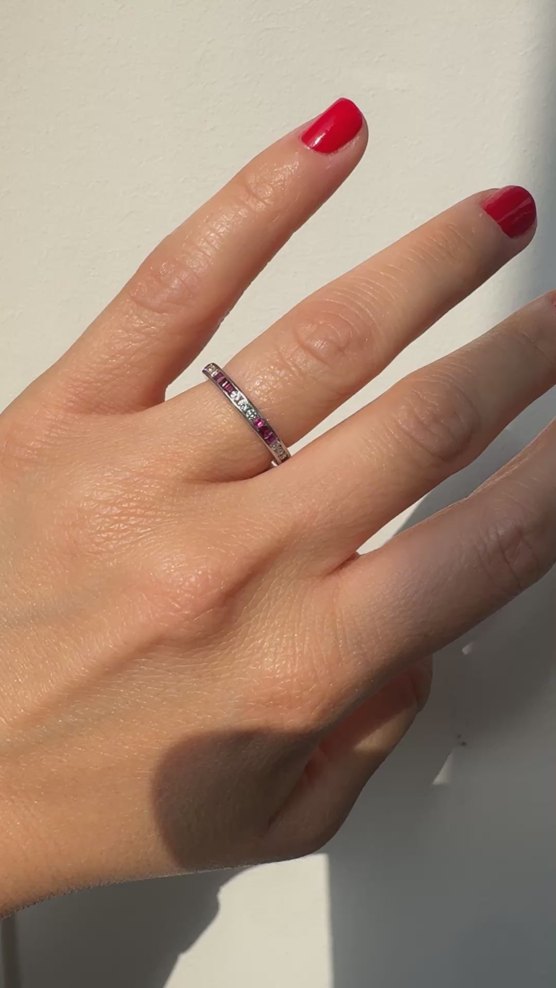 Vintage Retro Platinum Diamond and Ruby Eternity Wedding Band - Size 6 1/2