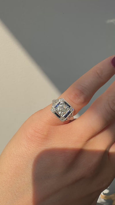 Antique Art Deco Platinum Old Euro Diamond Sapphire Halo Engagement Ring - GIA