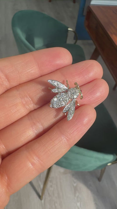 Vintage Estate 14K Two Tone Gold Single Cut Diamond Bee Pin Brooch