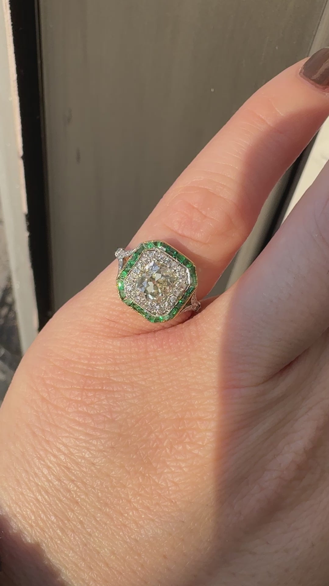 Antique Edwardian Platinum Old Mine Diamond and Emerald Engagement Ring