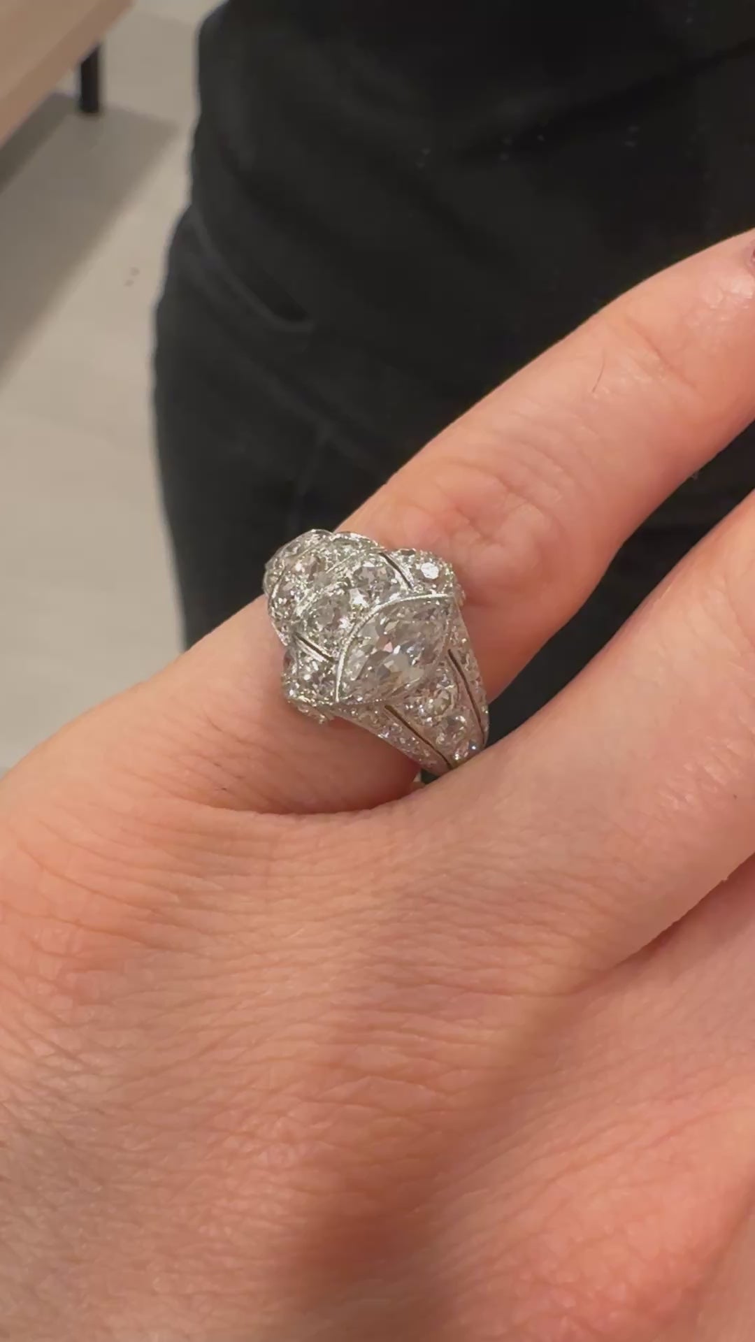 Antique Art Deco Platinum Old European Cut Marquise Diamond Cocktail Ring