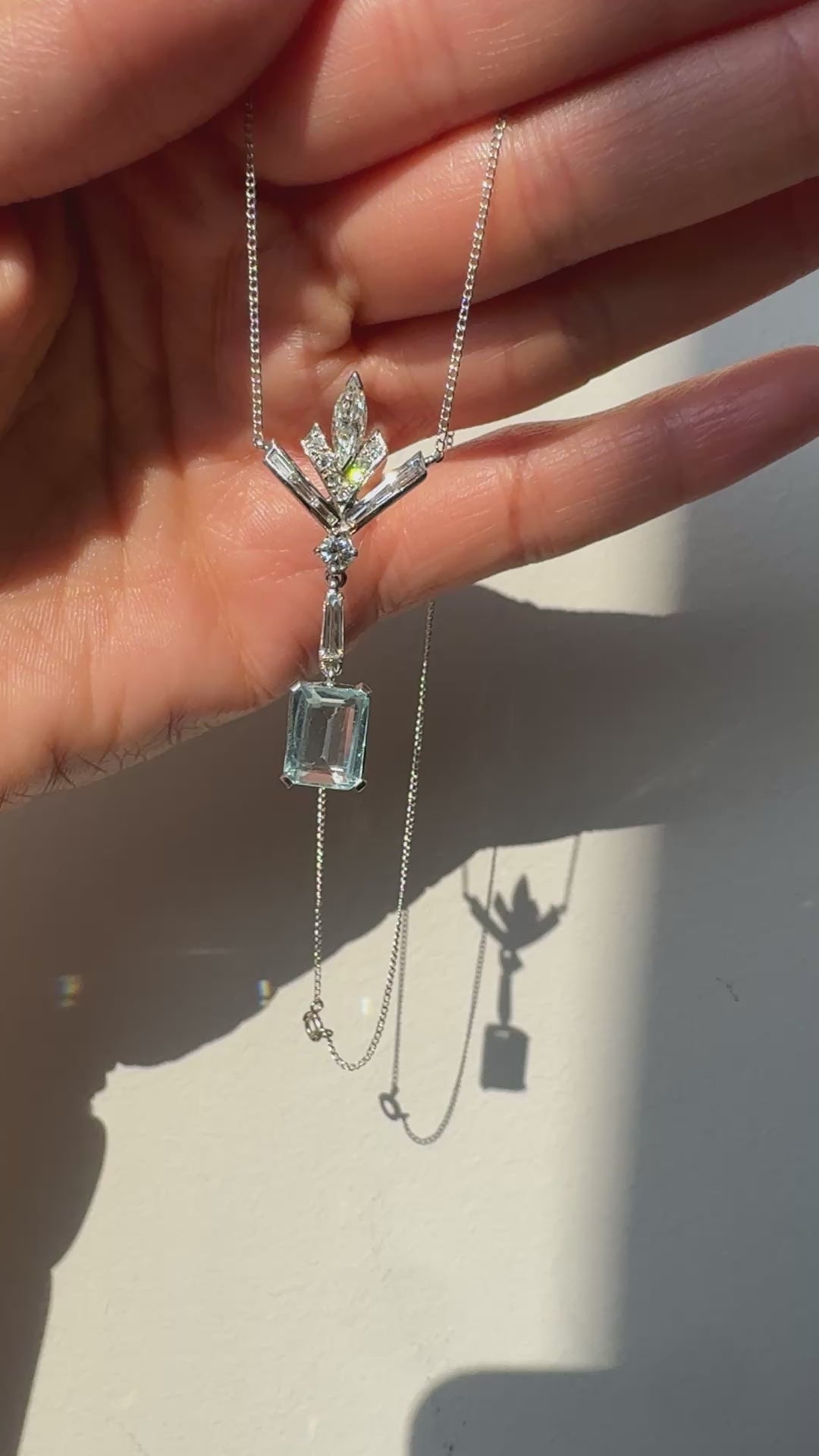 Vintage Estate Platinum 18K White Gold Diamond Aquamarine Drop Necklace