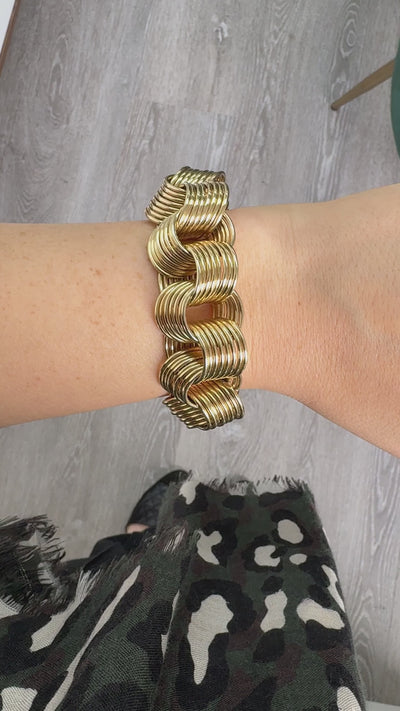 Vintage Retro 14K Yellow Gold Wide Wire Weave Bracelet - 7 3/4 inches