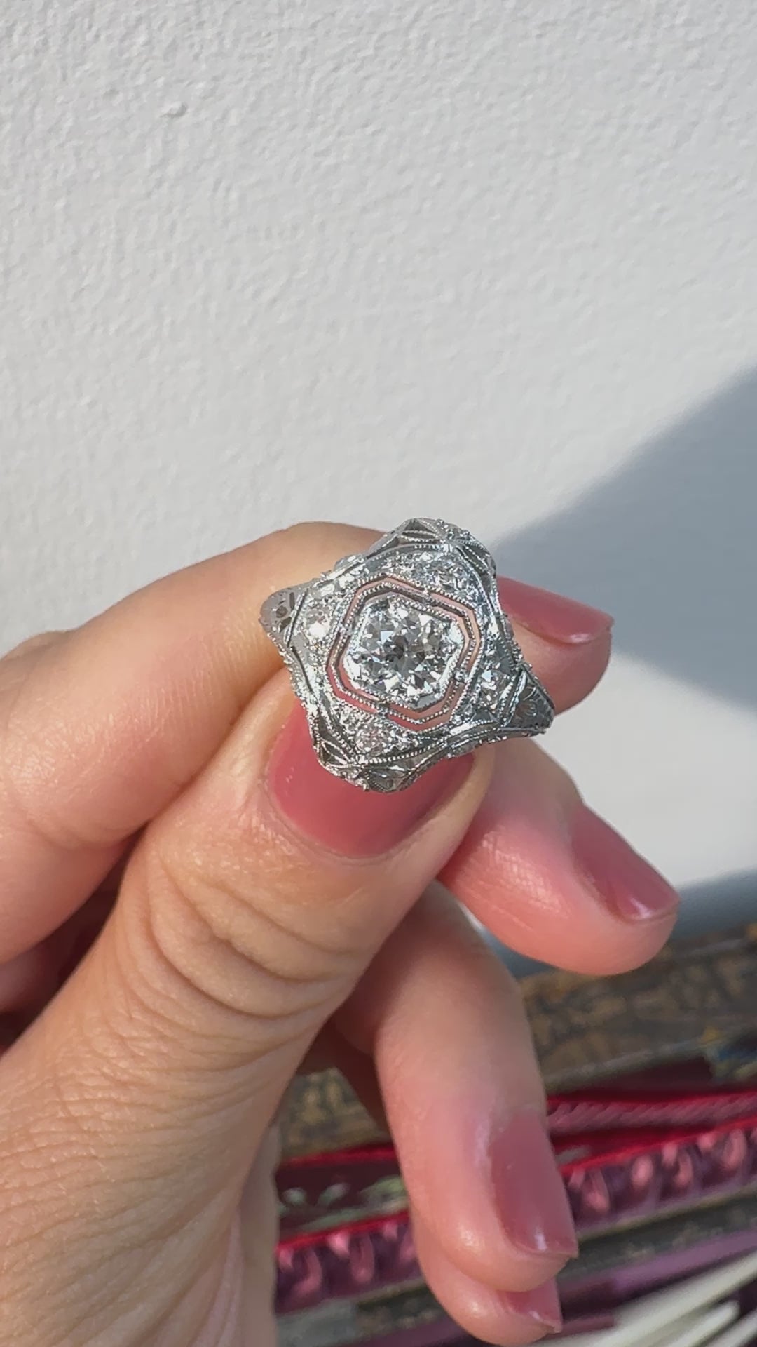 Antique Art Deco Platinum Old European Diamond Filigree Engagement Ring