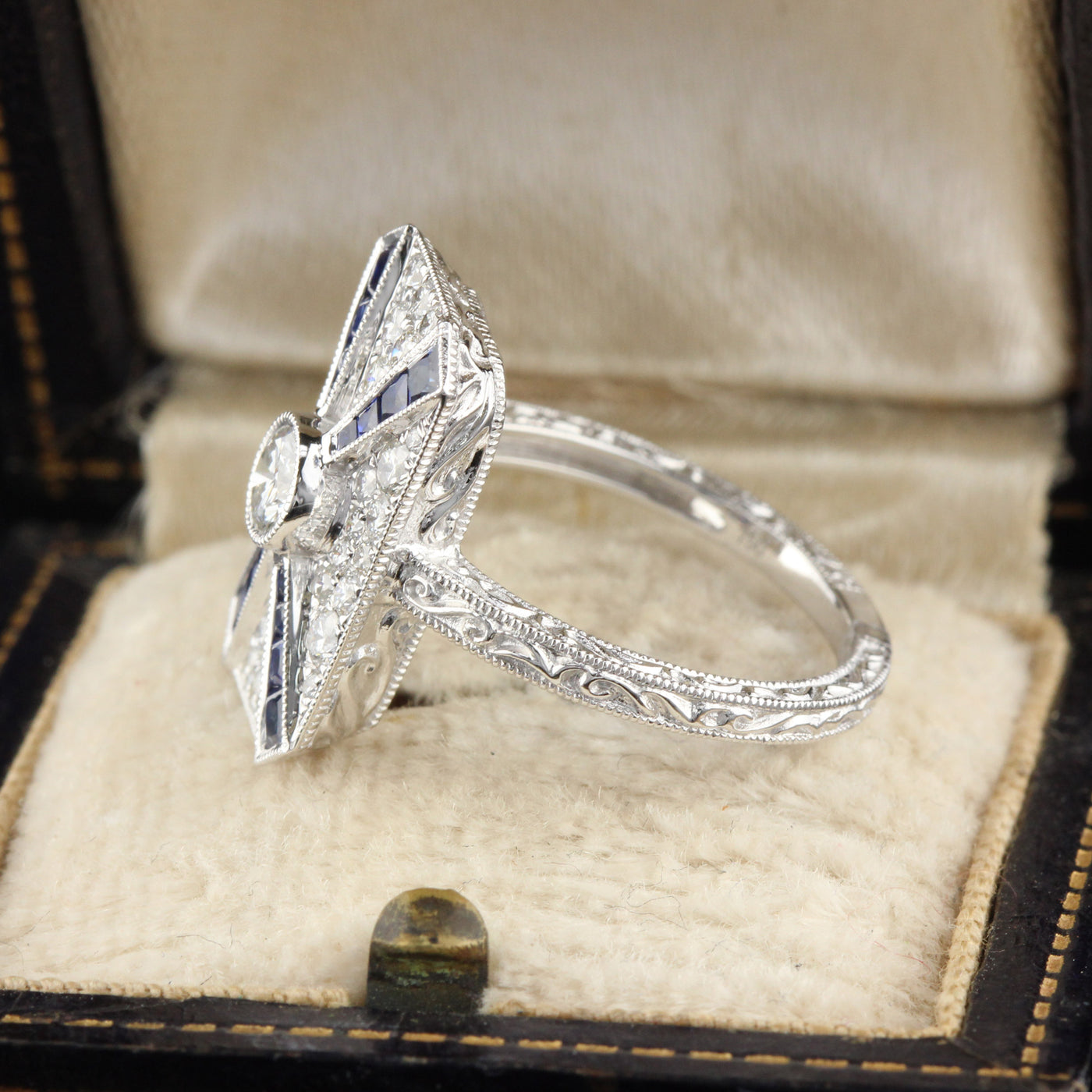 Art Deco Inspired 18K White Gold Sapphire & Diamond Ring - The Antique Parlour