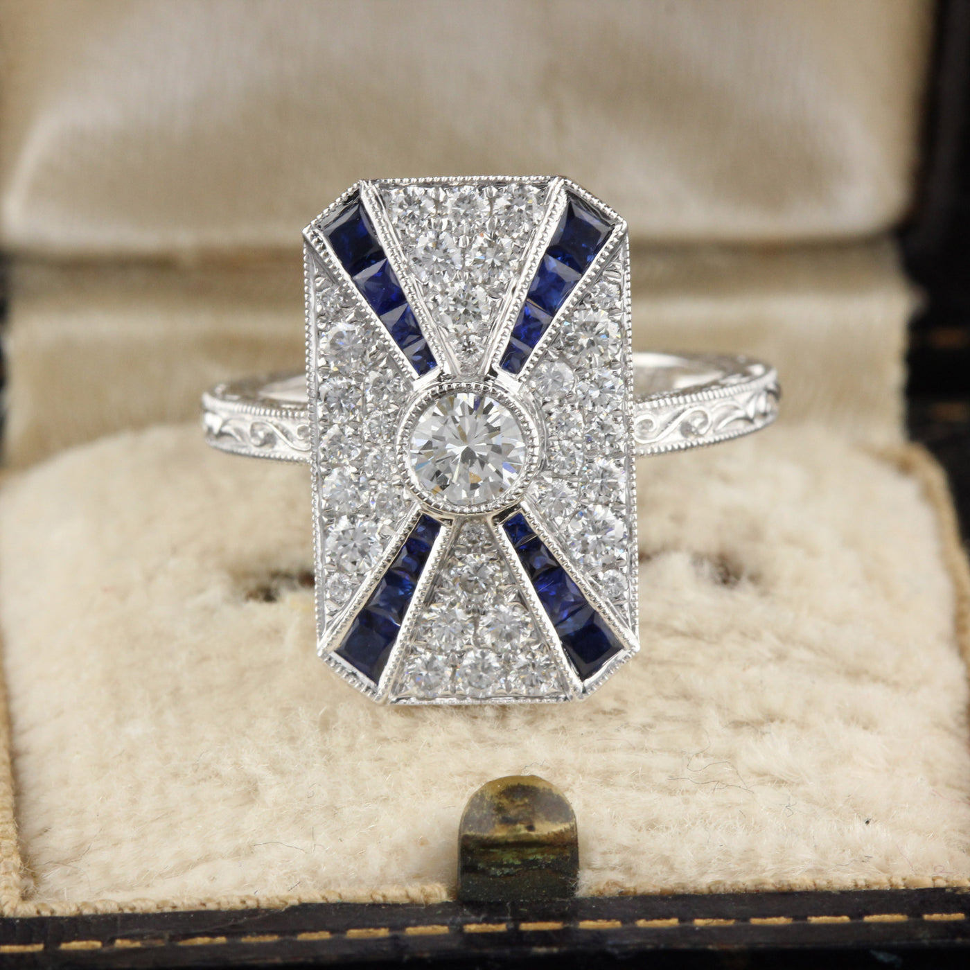 Art Deco Inspired 18K White Gold Sapphire & Diamond Ring - The Antique Parlour