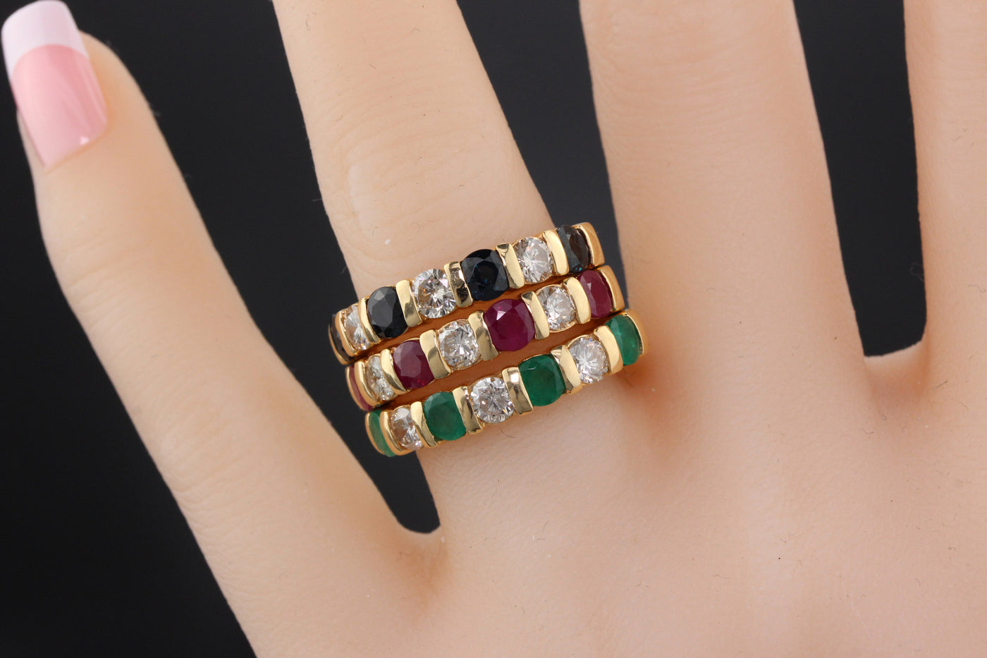 Set of 3 Vintage Estate 14K Yellow Gold Diamond Ruby Sapphire Emerald Stacking Rings - The Antique Parlour