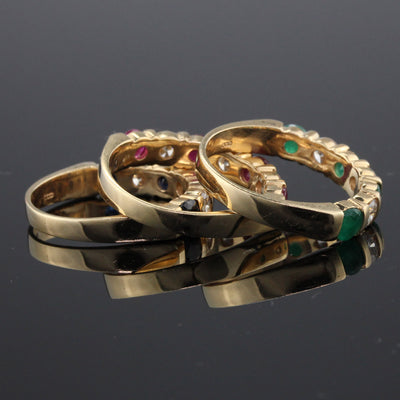 Set of 3 Vintage Estate 14K Yellow Gold Diamond Ruby Sapphire Emerald Stacking Rings - The Antique Parlour