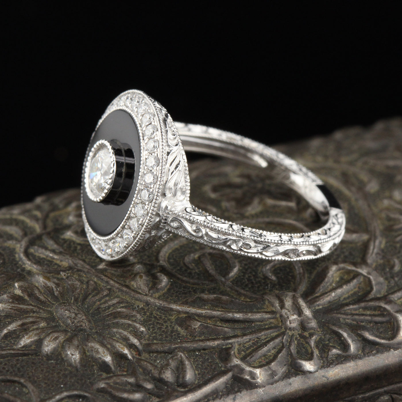 Art Deco Inspired 18K White Gold Onyx & Diamond Ring - The Antique Parlour