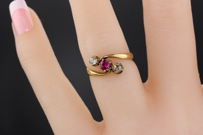 Antique Victorian 14K Yellow Gold Ruby & Diamond 3-Stone Ring - The Antique Parlour