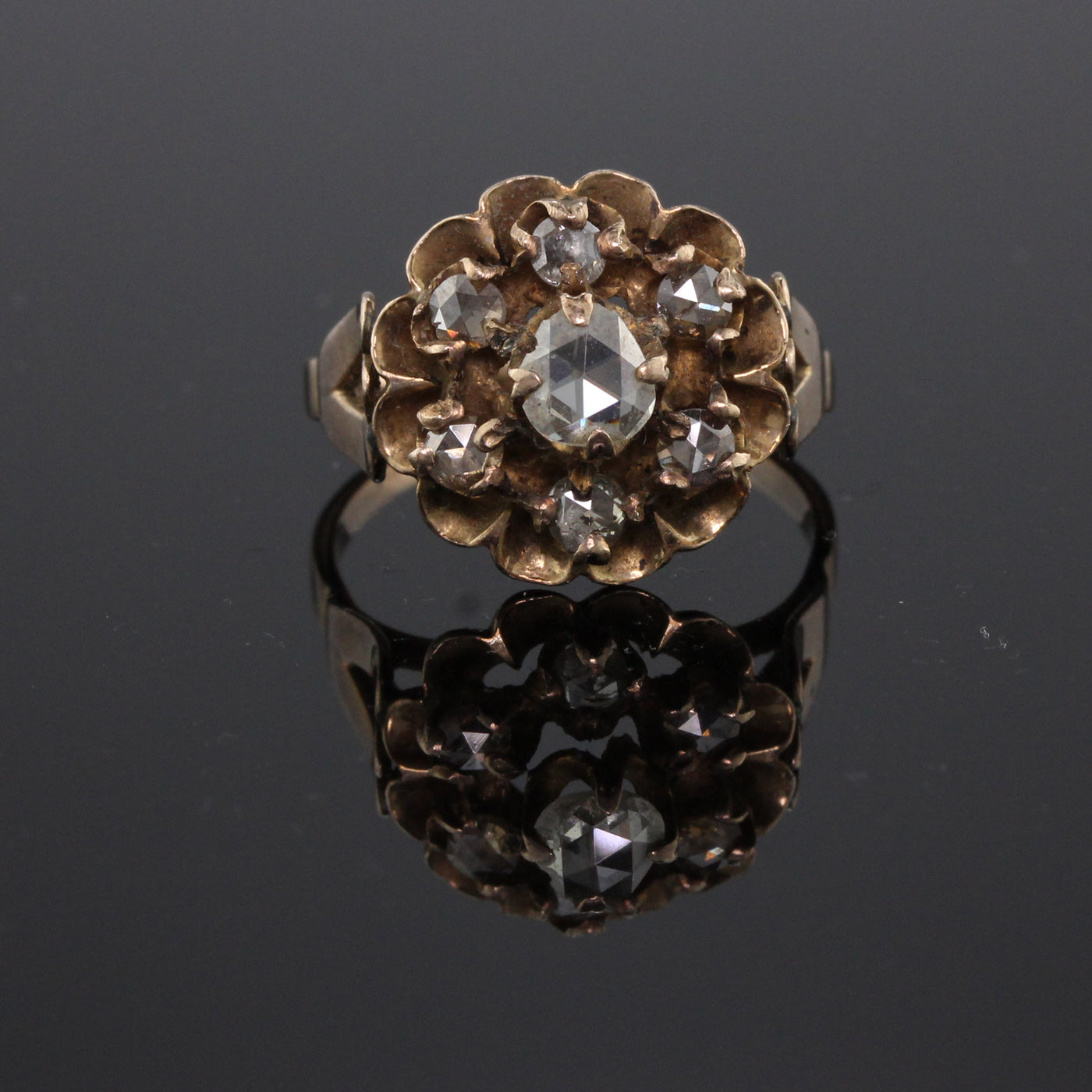 Georgian 10K Yellow & Rose Cut Diamond Cluster Ring - Size 7 3/4 - The Antique Parlour