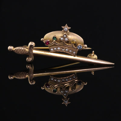 Antique Victorian 14K Yellow Gold Crown & Sword Brooch - The Antique Parlour
