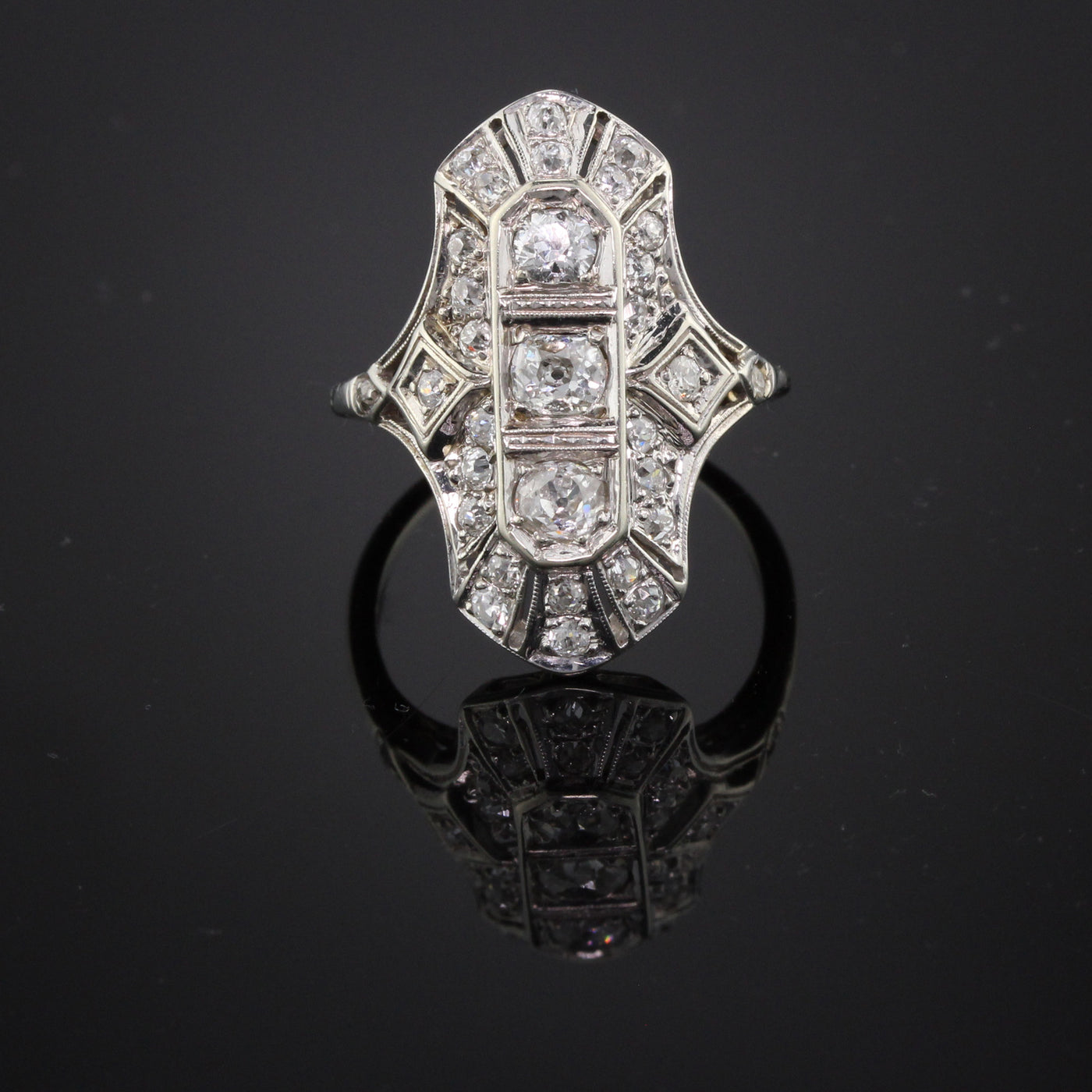 Antique Art Deco 18K White Gold & Diamond Shield Ring - The Antique Parlour