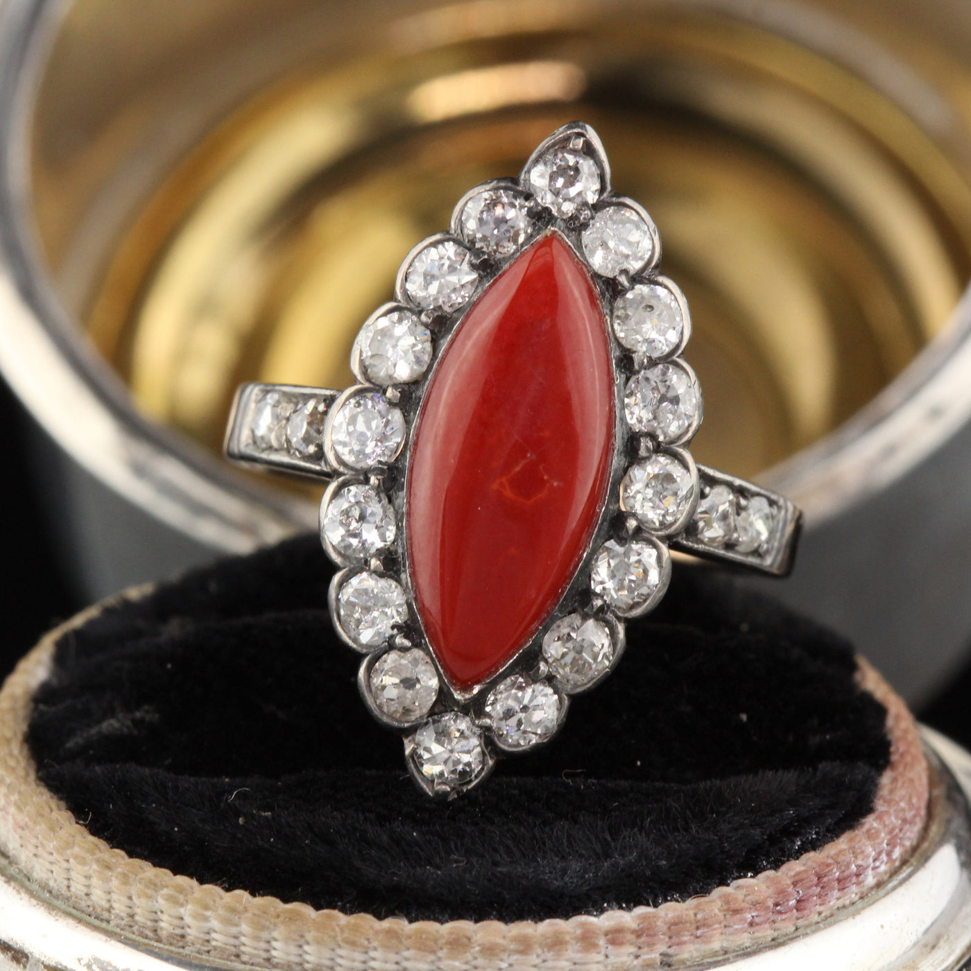 Antique Victorian 18K Yellow Gold Coral and Diamond Navette Ring - The Antique Parlour