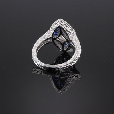 Art Deco Inspired 18K White Gold GIA Marquise Diamond & Sapphire Ring - The Antique Parlour