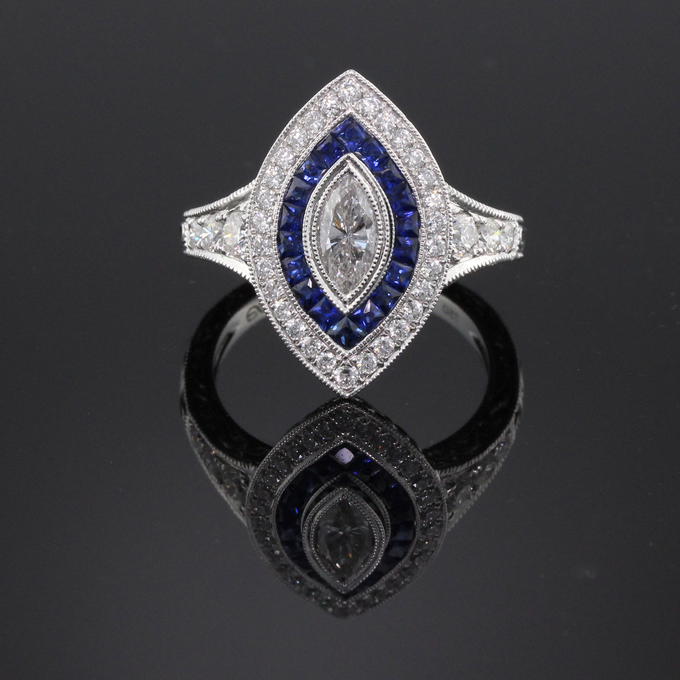 Art Deco Inspired 18K White Gold GIA Marquise Diamond & Sapphire Ring - The Antique Parlour