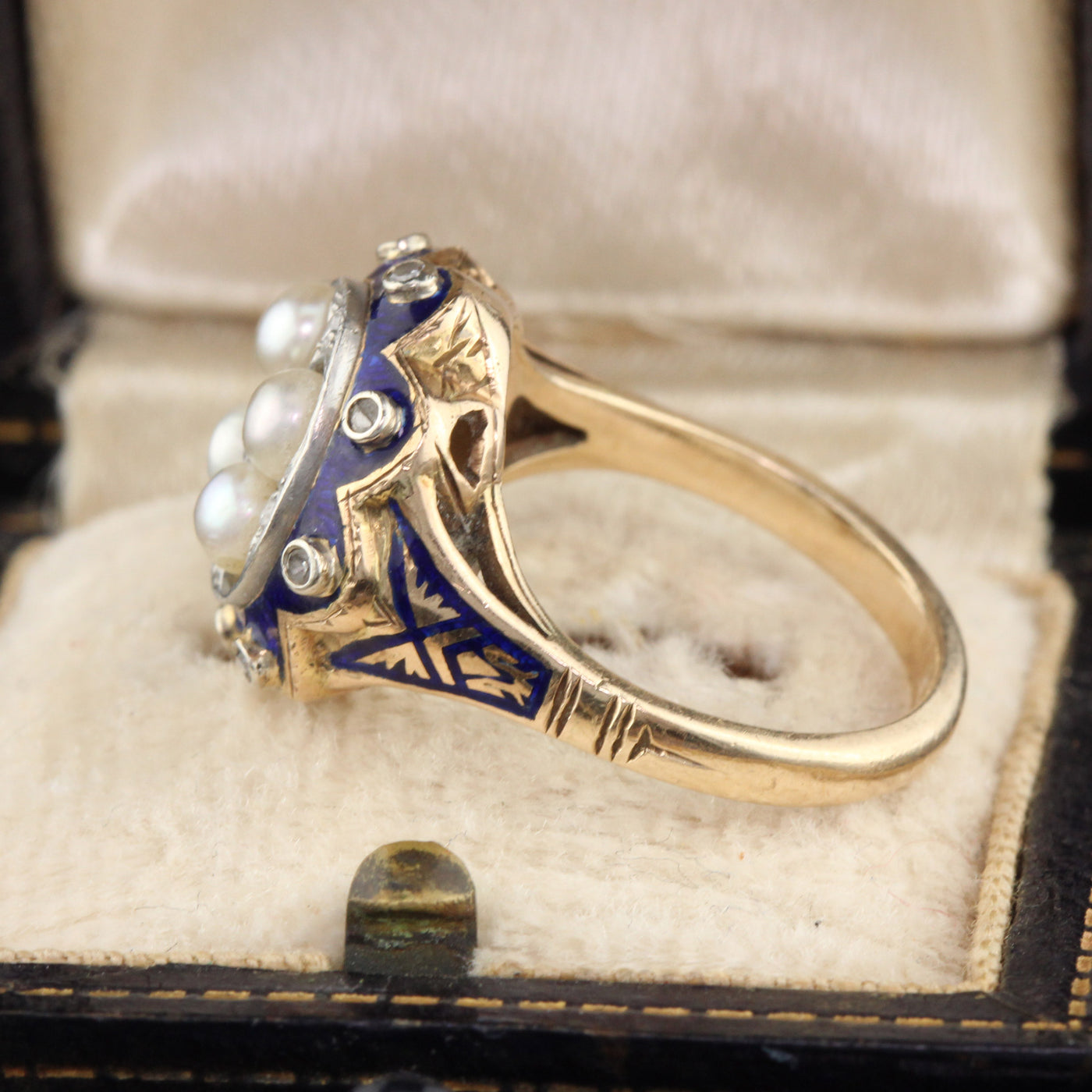 Antique Victorian 14K Yellow Gold, Diamond, Blue Enamel & Pearl Ring - The Antique Parlour