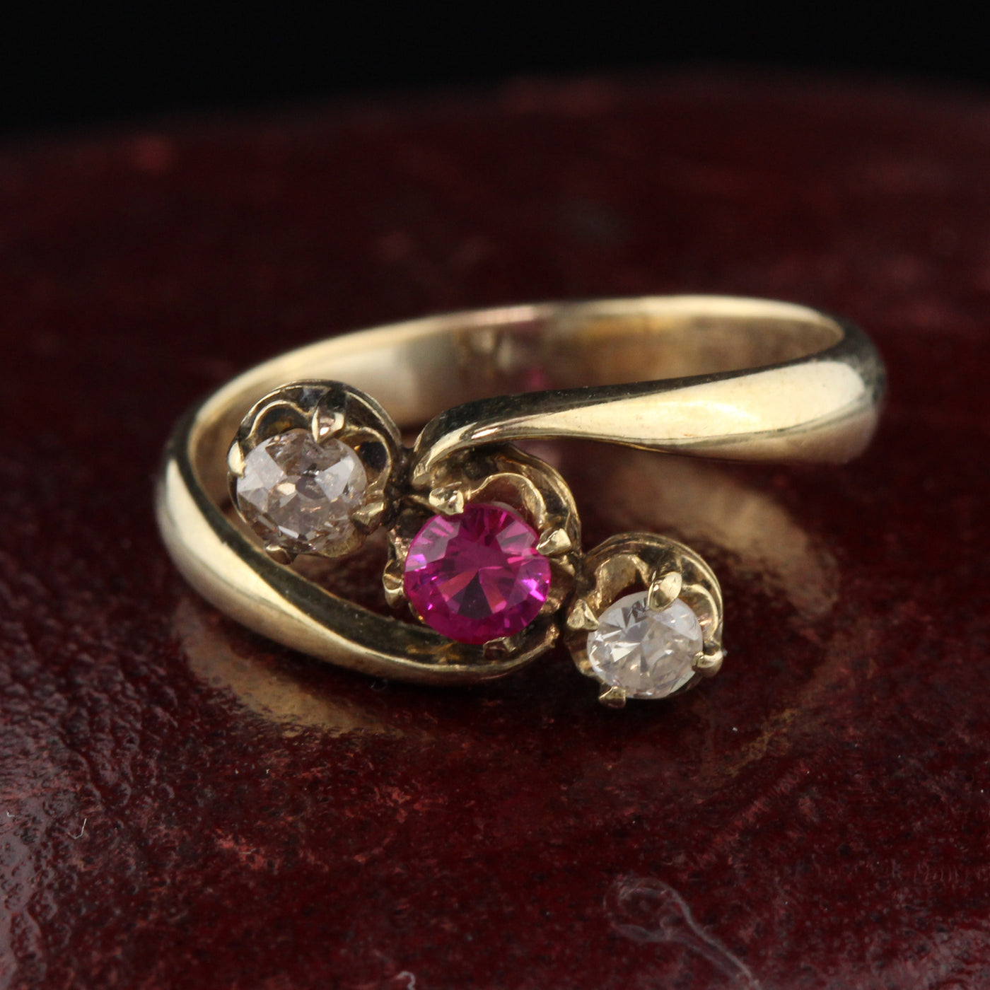 Antique Victorian 14K Yellow Gold Ruby & Diamond 3-Stone Ring - The Antique Parlour