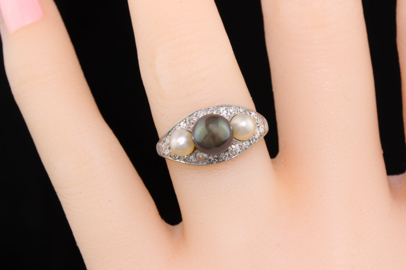 Antique Edwardian Platinum, Diamond & Pearl 3-stone Ring - The Antique Parlour