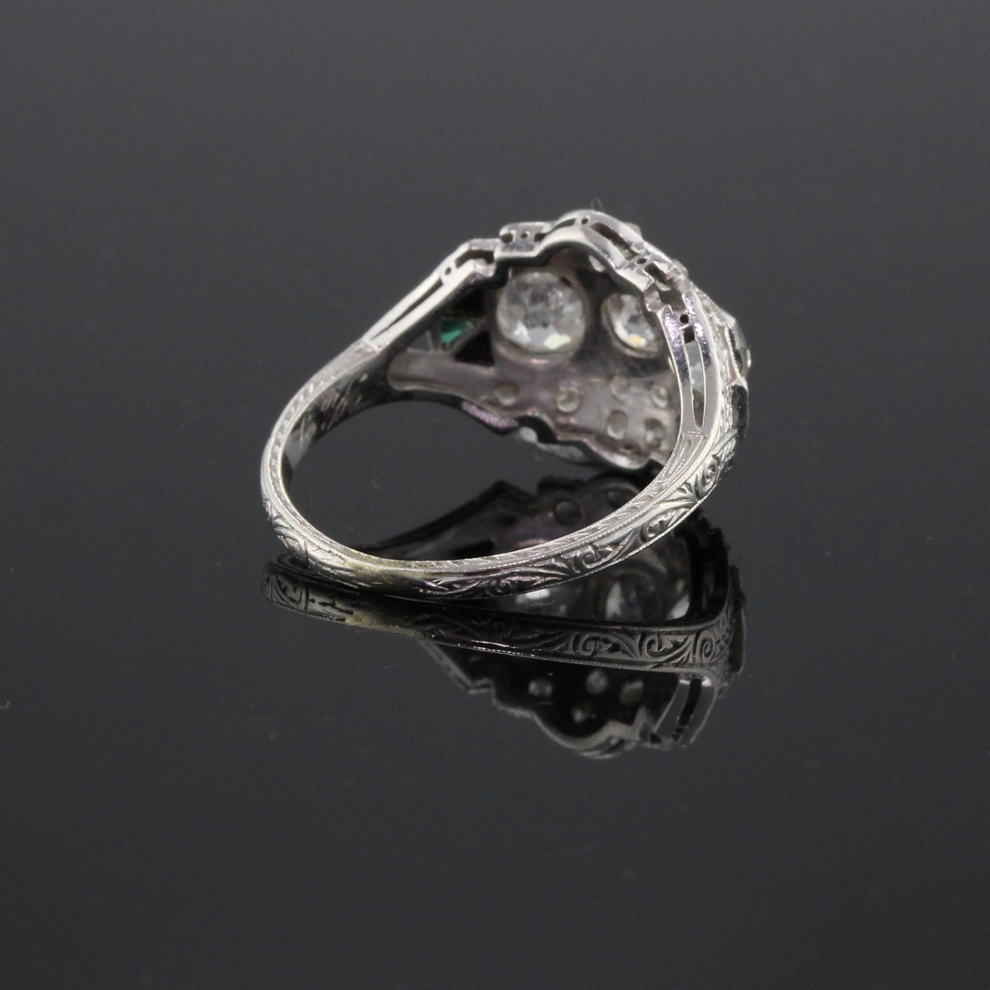  Art Deco Platinum, Diamond, Onyx & Emerald Engagement Ring