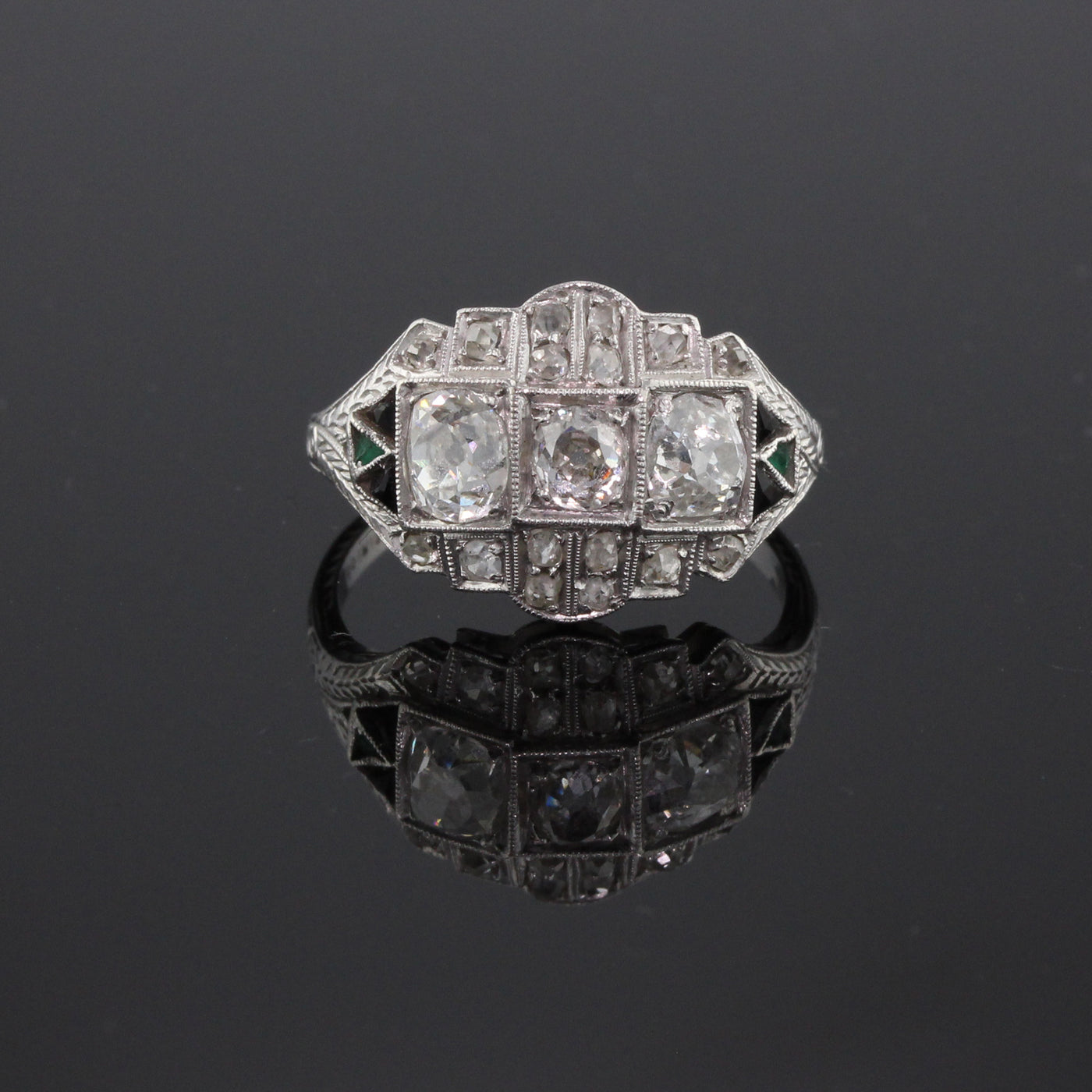  Art Deco Platinum, Diamond, Onyx & Emerald Engagement Ring