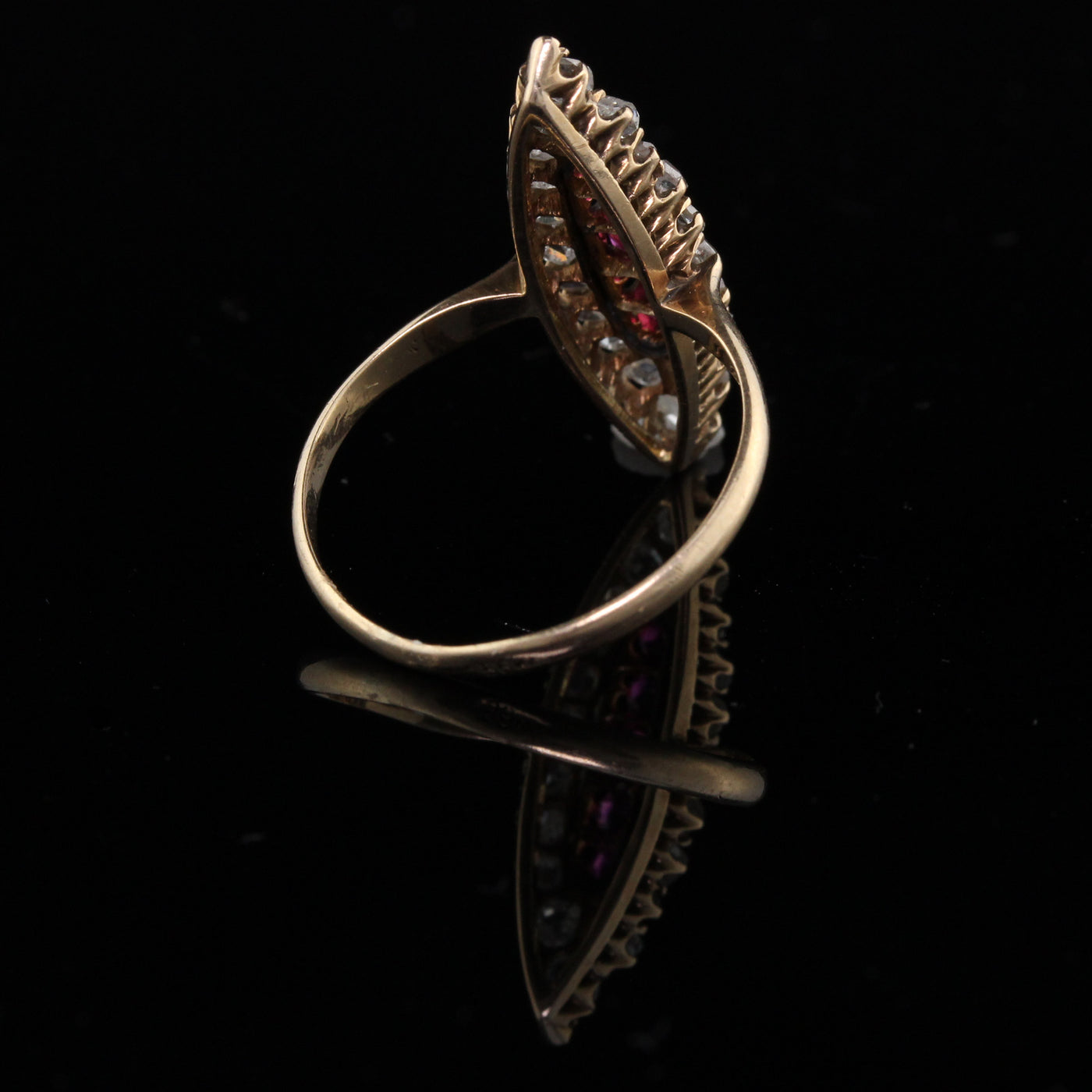 Antique Victorian 14K Yellow Gold, Rose Cut Diamond & Ruby Navette Ring - The Antique Parlour